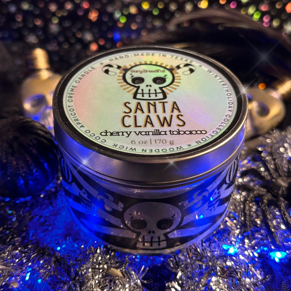 Santa Claws Luxury Crackling Wooden Wick Candle Tin: Cherry Vanilla Pipe Scent - Picture 1 of 5